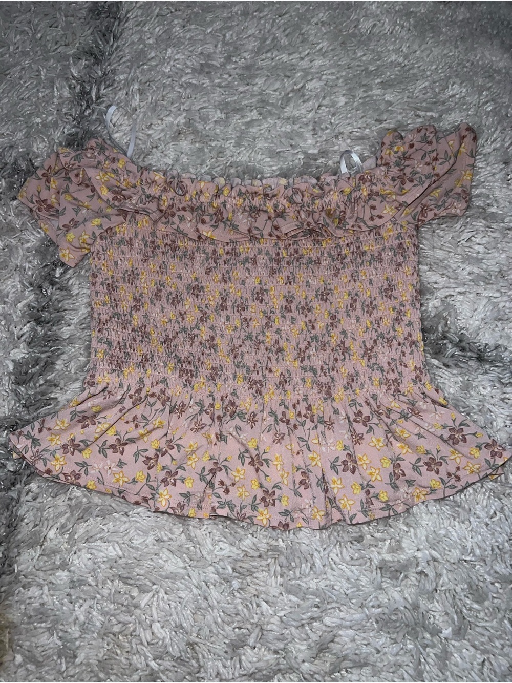 BCBGeneration Pink Floral Smocked Off-Shoulder Top
